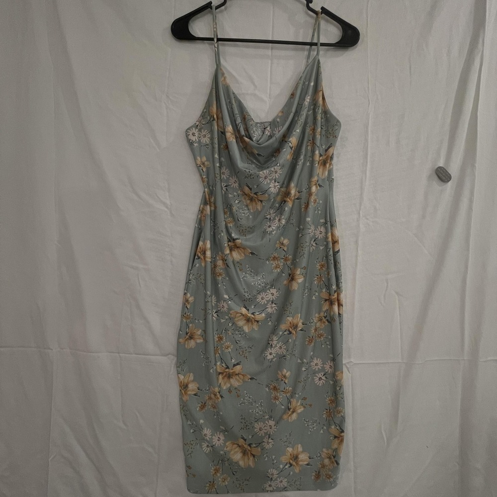 Iris Slip Dress Y2K Women Sz L green Floral Cowl Neck Spaghetti Strap Midi Satin